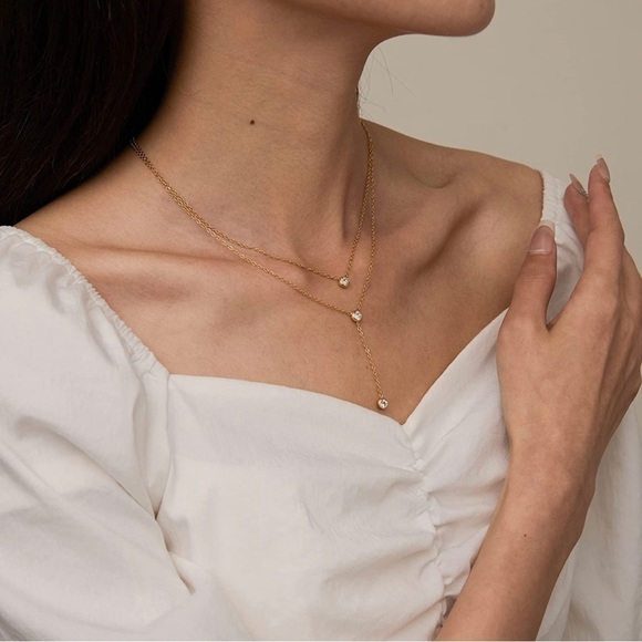 GOLD 18k Plated CZ Layered Lariat Chain Necklace - Picture 2 of 3
